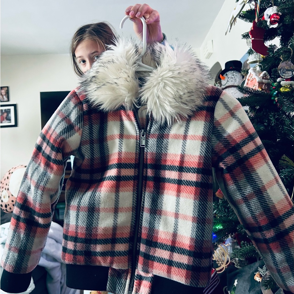 Tommy Hilfiger Red and White Plaid Puffer Jacket